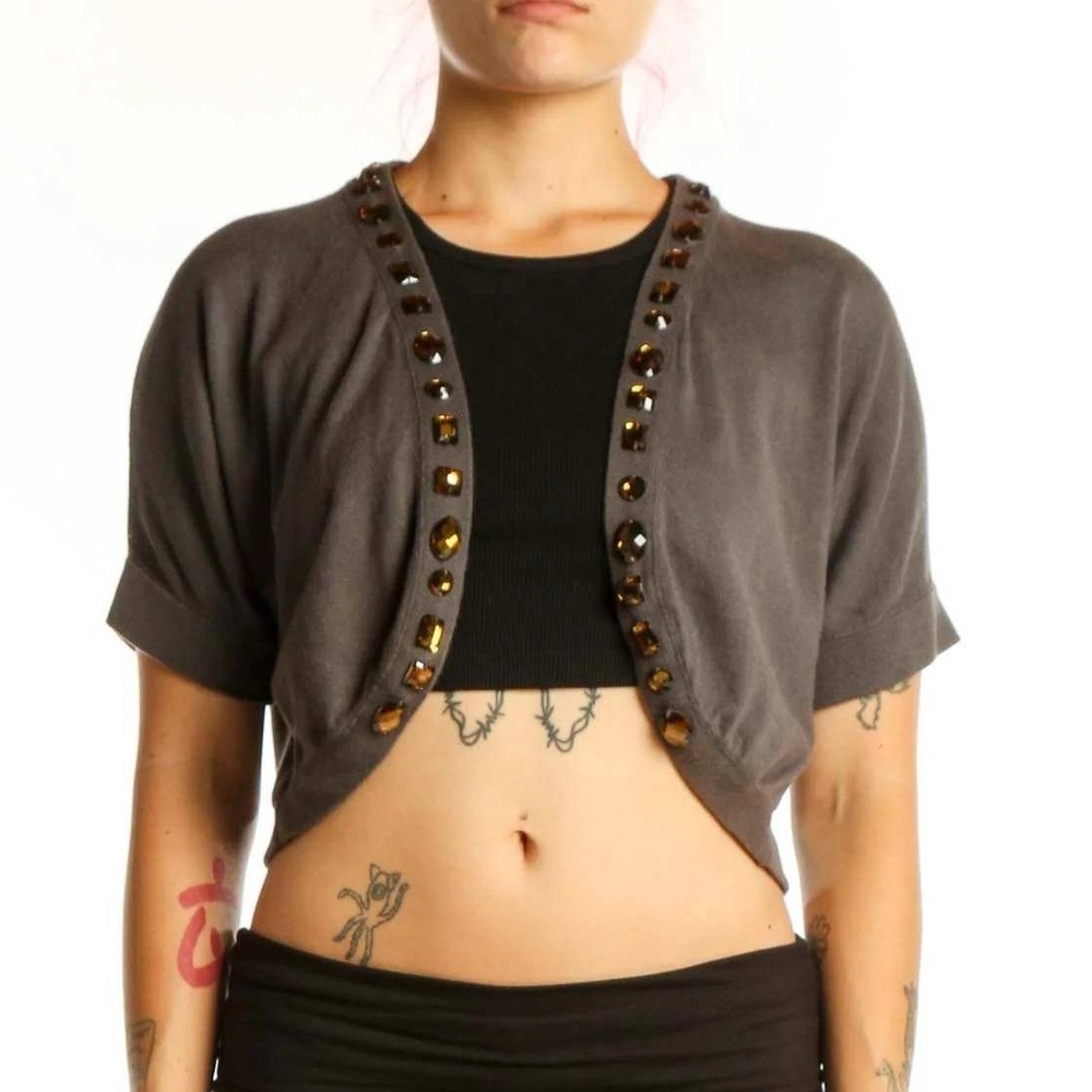 Banana Republic Jeweled Open Front Shrug Cardigan Grey Short Sleeve L